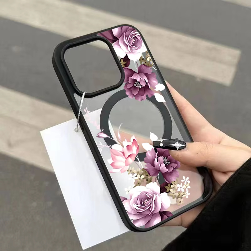 Phone Cases With Magnet - Lavendelrosa Blumenmuster Magnetische Handyhülle für iPhone